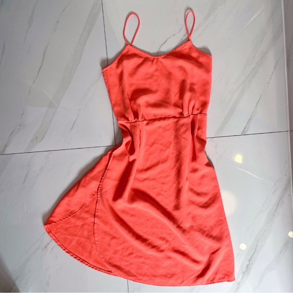 Sophia Neon Peach Pink Wrap Side Slit Asymmetrical Midi Dress - Picture 4 of 13